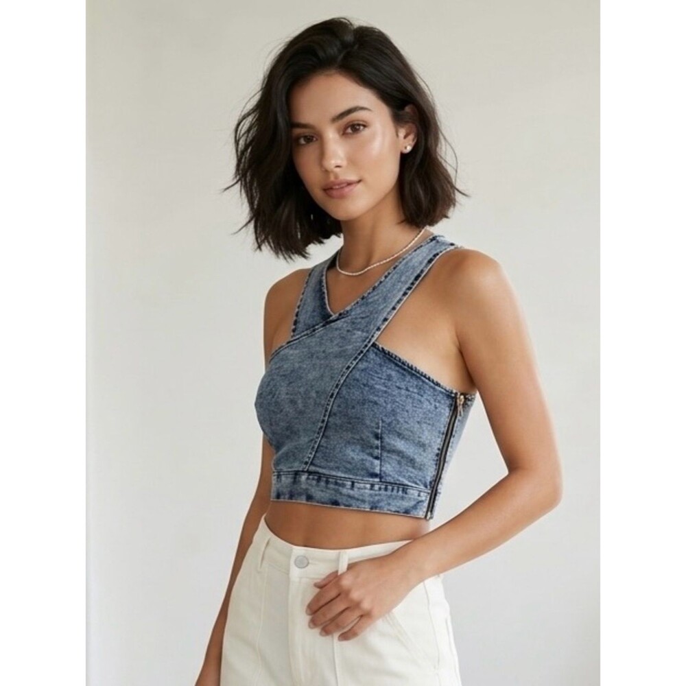 Acid Wash Criss Cross Halter Y2K Crop Denim Tank Halter Top - Size XXL